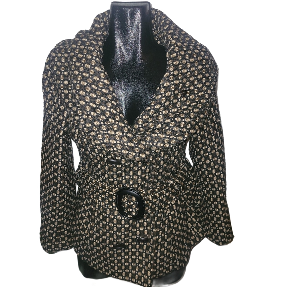 Womens Black & Cream Patterned Pea Coat with Shawl Collar